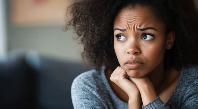 Woman sitting with her hand on her chin looking concerned